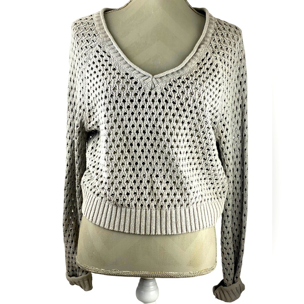 Buffalo David Bitton Open Knit Faux Racer Back Detail Sweater Large Grey V Neck